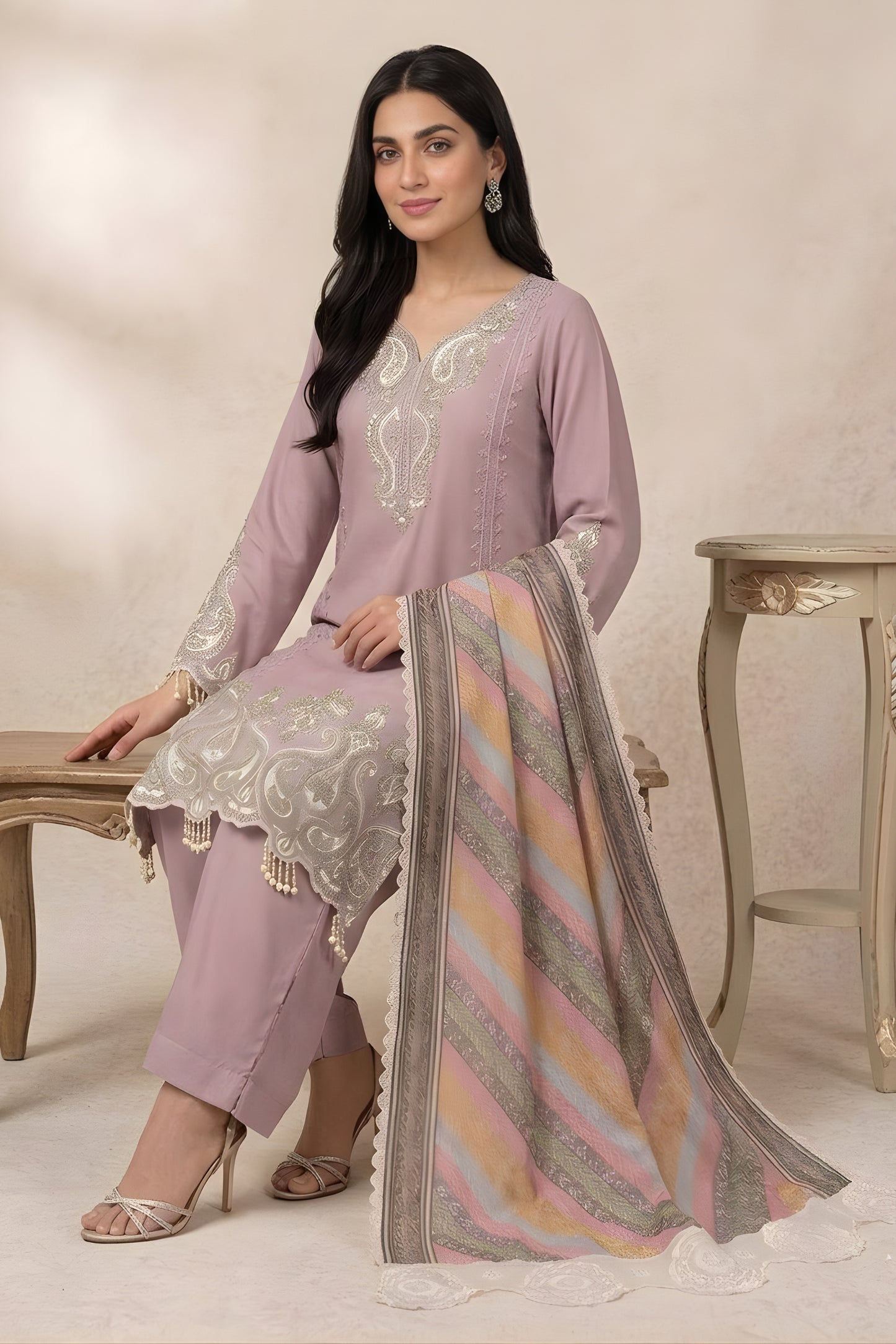 Elegant Pink Star Georgette Designer Straight Salwar Suit with Embroidery Work and Multicolor Dupatta
