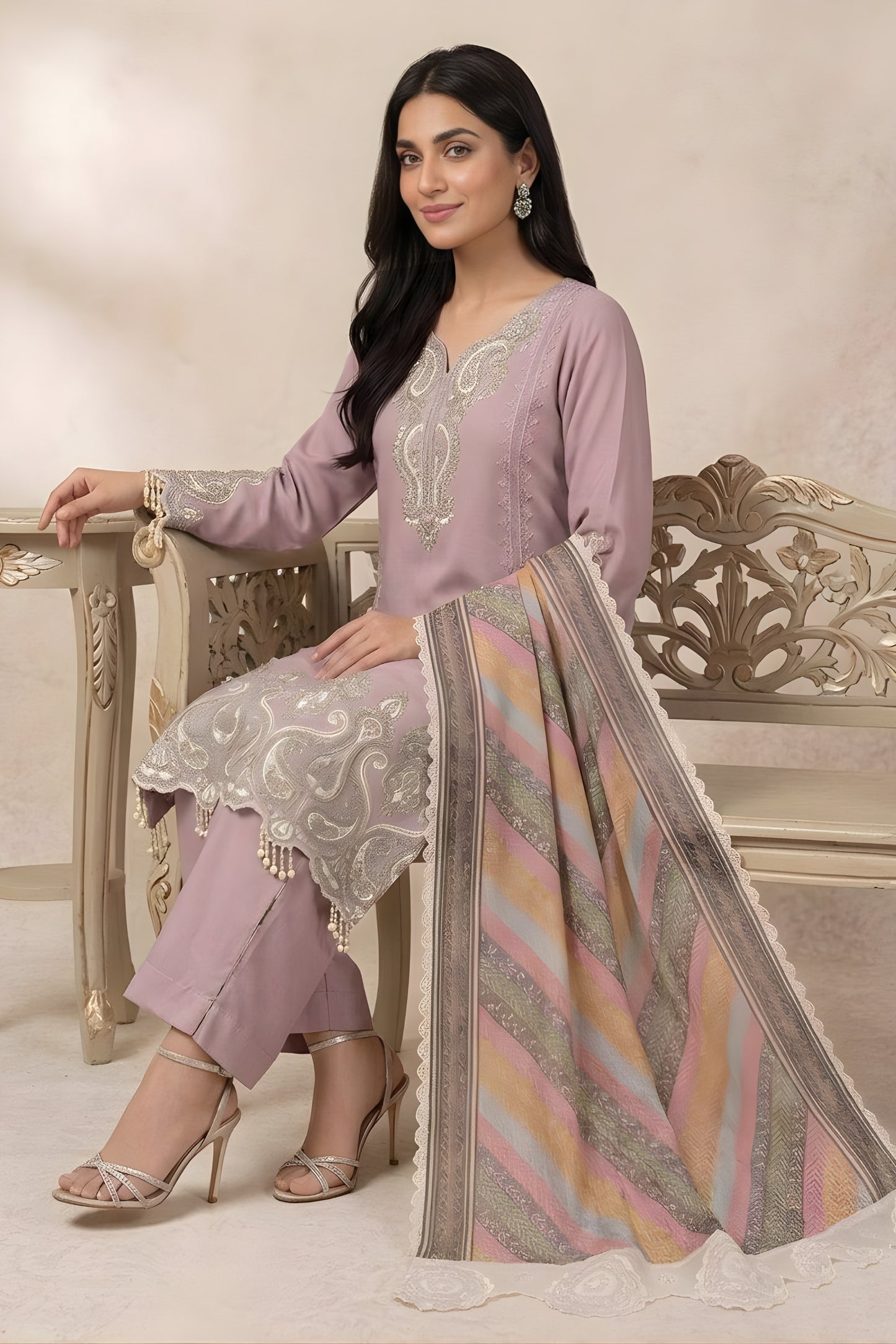 Elegant Pink Star Georgette Designer Straight Salwar Suit with Embroidery Work and Multicolor Dupatta