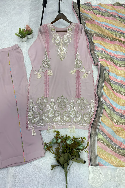 Elegant Pink Star Georgette Designer Straight Salwar Suit with Embroidery Work and Multicolor Dupatta