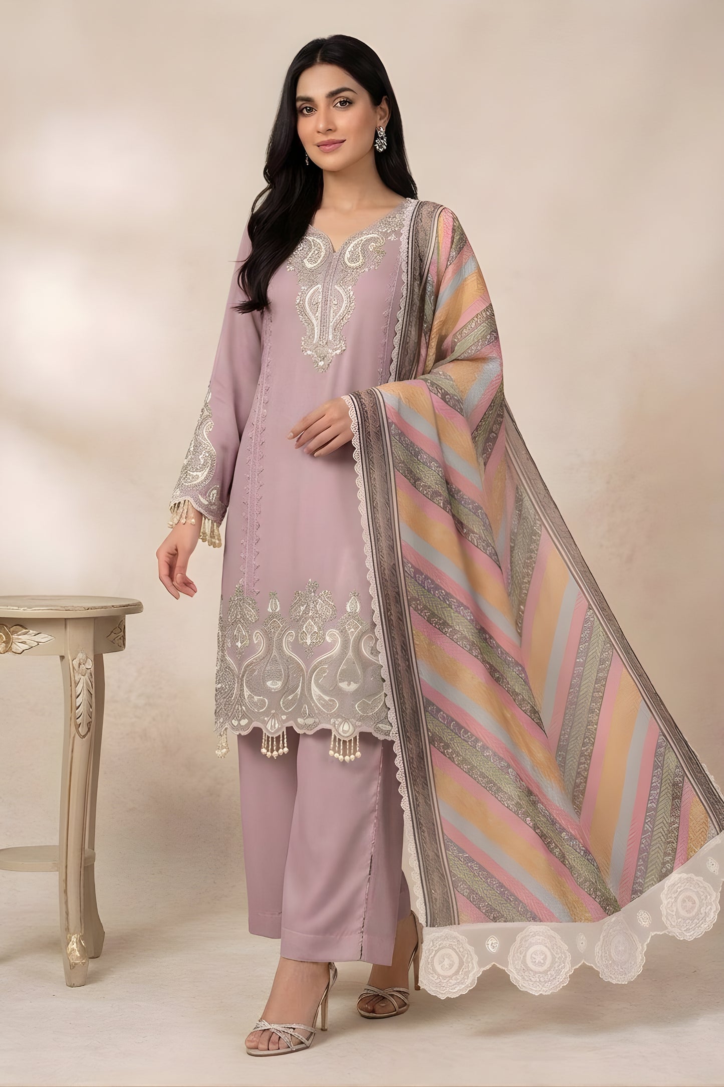 Elegant Pink Star Georgette Designer Straight Salwar Suit with Embroidery Work and Multicolor Dupatta