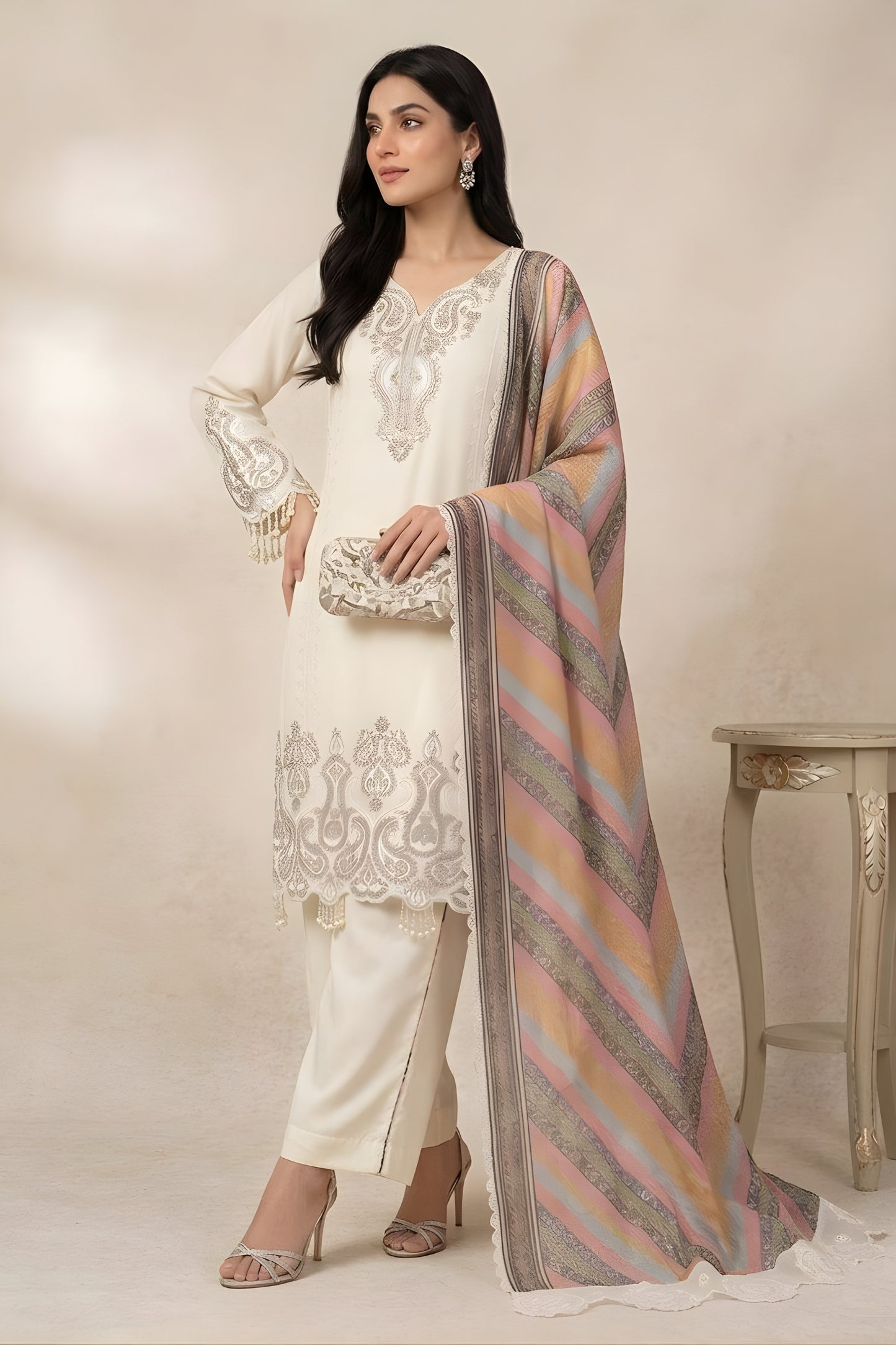Charming Cream Star Georgette Designer Straight Salwar Suit with Embroidery Work and Multicolor Dupatta