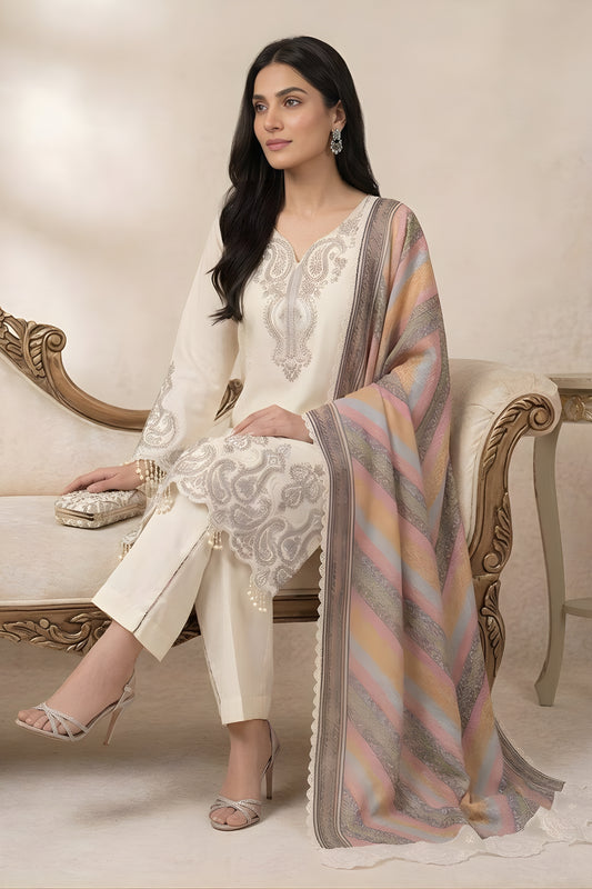 Charming Cream Star Georgette Designer Straight Salwar Suit with Embroidery Work and Multicolor Dupatta