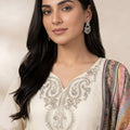 Charming Cream Star Georgette Designer Straight Salwar Suit with Embroidery Work and Multicolor Dupatta