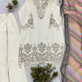 Charming Cream Star Georgette Designer Straight Salwar Suit with Embroidery Work and Multicolor Dupatta