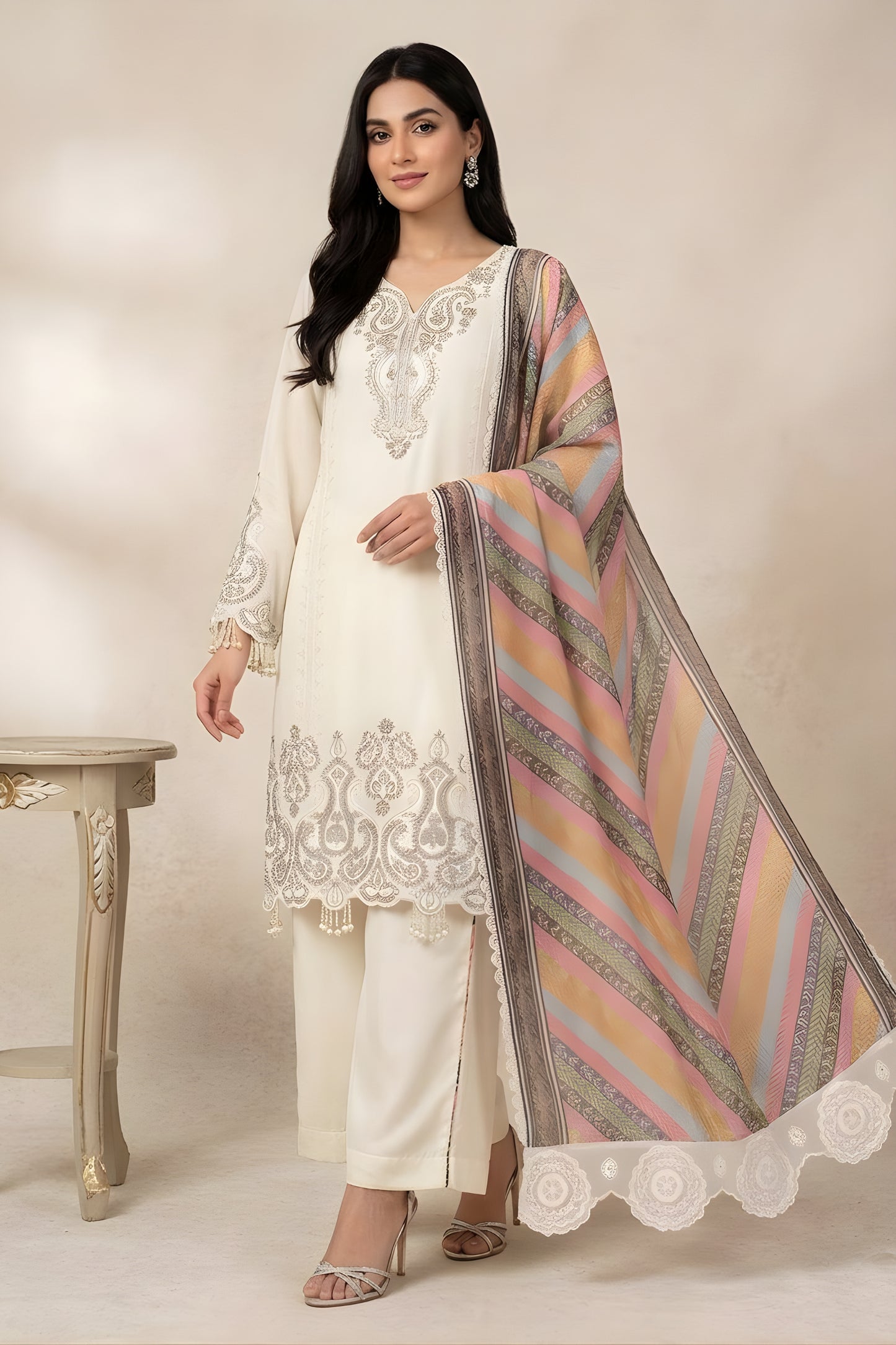 Charming Cream Star Georgette Designer Straight Salwar Suit with Embroidery Work and Multicolor Dupatta