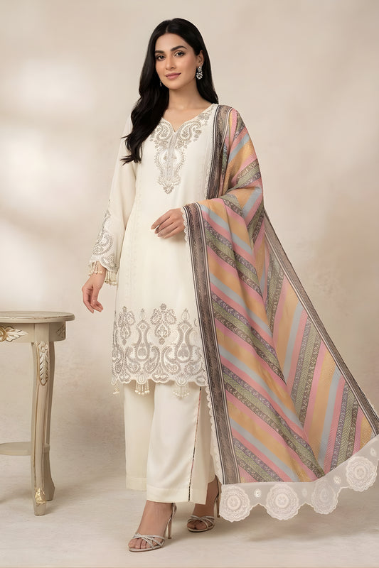 Charming Cream Star Georgette Designer Straight Salwar Suit with Embroidery Work and Multicolor Dupatta