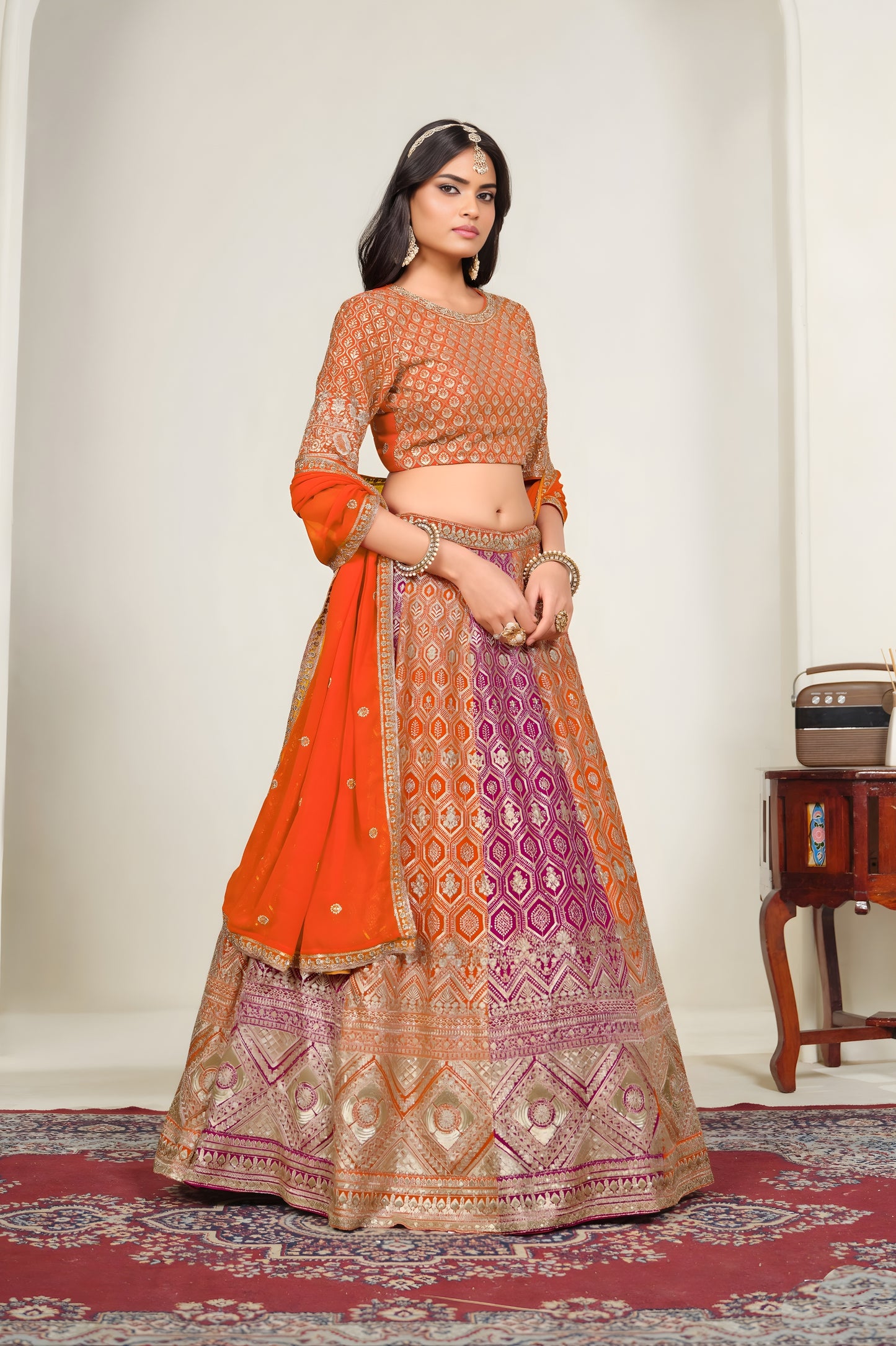 Stylish Multicolor Designer Lehenga Choli with Embroidery Work and Orange Dupatta for Wedding