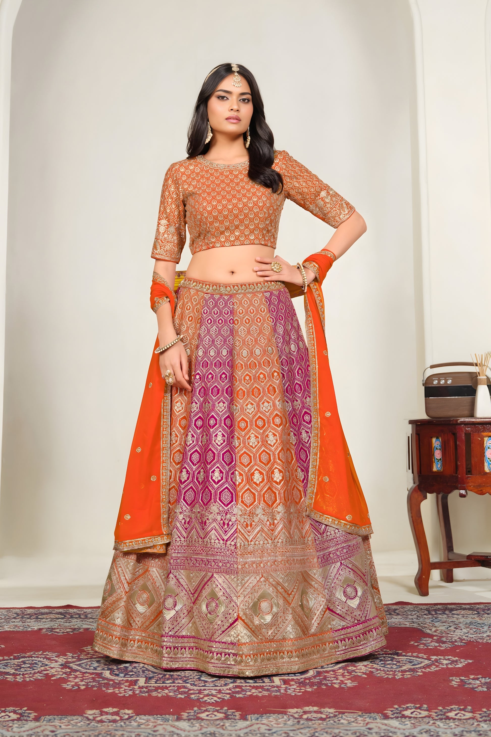 Stylish Multicolor Designer Lehenga Choli with Embroidery Work and Orange Dupatta for Wedding