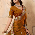 Stylish Brown Soft Fendy Chiffon Embroidery Cutwork Work Border Saree for Wedding