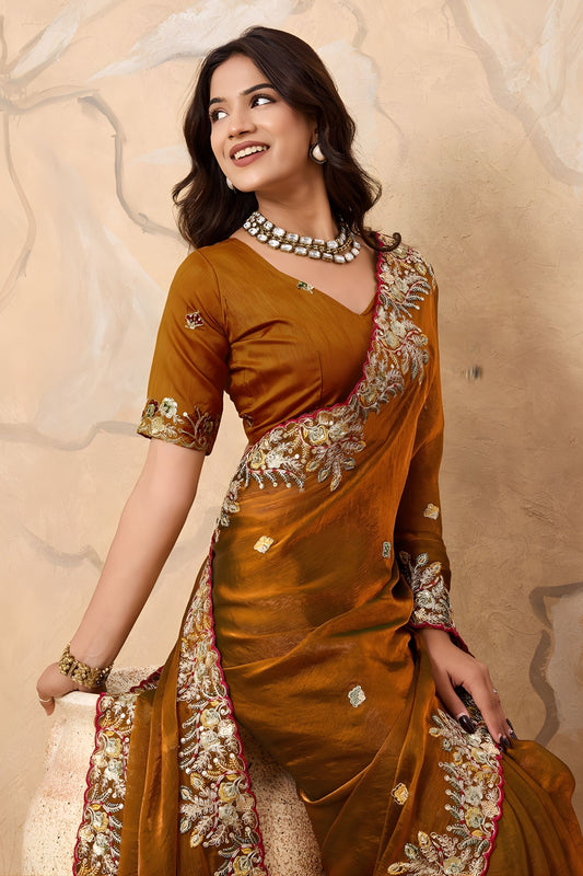 Stylish Brown Soft Fendy Chiffon Embroidery Cutwork Work Border Saree for Wedding