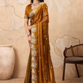 Stylish Brown Soft Fendy Chiffon Embroidery Cutwork Work Border Saree for Wedding