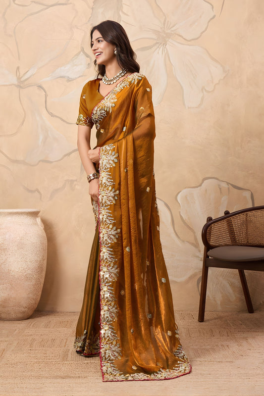 Stylish Brown Soft Fendy Chiffon Embroidery Cutwork Work Border Saree for Wedding
