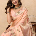 Beautiful Peach Soft Fendy Chiffon Embroidery Cutwork Border Saree for Wedding