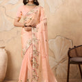 Beautiful Peach Soft Fendy Chiffon Embroidery Cutwork Border Saree for Wedding