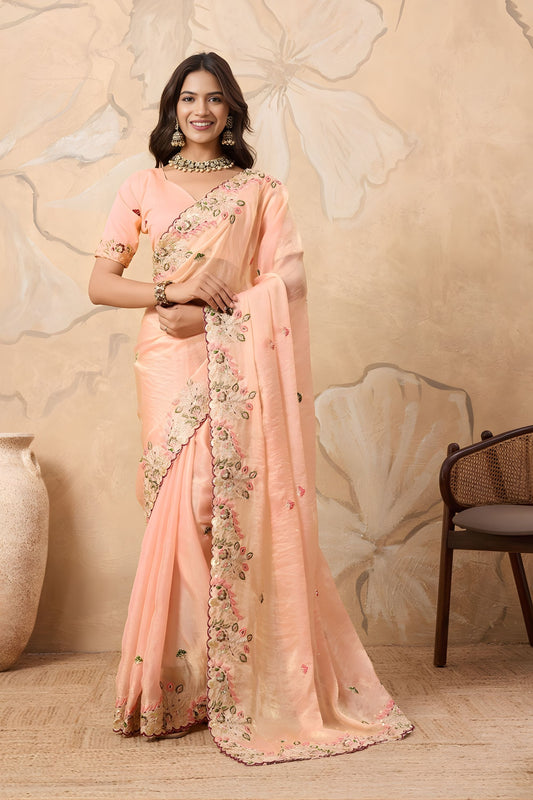 Beautiful Peach Soft Fendy Chiffon Embroidery Cutwork Border Saree for Wedding