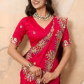 Beautifull Rani Pink Soft Fendy Chiffon Saree Embroidery Cutwork Border for Wedding