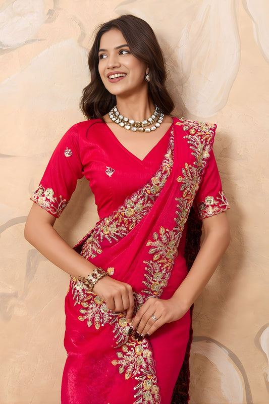 Beautifull Rani Pink Soft Fendy Chiffon Saree Embroidery Cutwork Border for Wedding