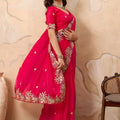 Beautifull Rani Pink Soft Fendy Chiffon Saree Embroidery Cutwork Border for Wedding