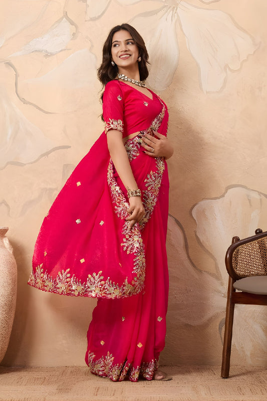 Beautifull Rani Pink Soft Fendy Chiffon Saree Embroidery Cutwork Border for Wedding