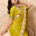 Vibrant Lime Soft Fendy Chiffon Embroidery Cutwork Border Saree for Wedding