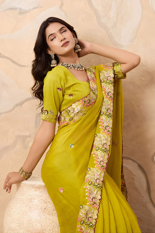 Vibrant Lime Soft Fendy Chiffon Embroidery Cutwork Border Saree for Wedding