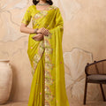 Vibrant Lime Soft Fendy Chiffon Embroidery Cutwork Border Saree for Wedding