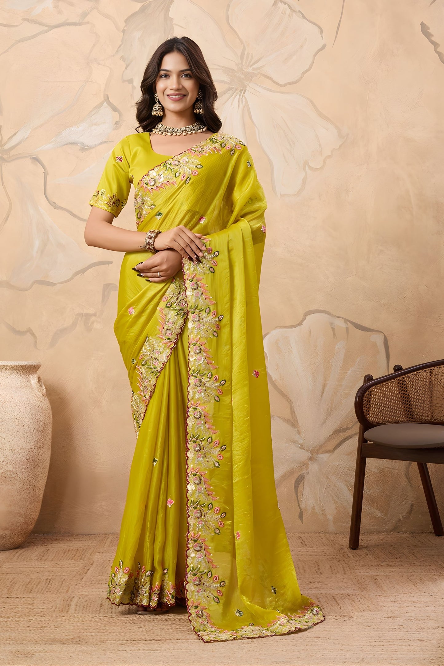 Vibrant Lime Soft Fendy Chiffon Embroidery Cutwork Border Saree for Wedding