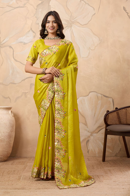 Vibrant Lime Soft Fendy Chiffon Embroidery Cutwork Border Saree for Wedding