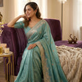 Stunning Aqua Blue Soft NC Vichitra Saree Embroidery Work for Wedding