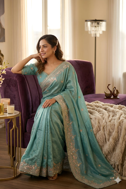 Stunning Aqua Blue Soft NC Vichitra Saree Embroidery Work for Wedding