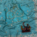Stunning Aqua Blue Soft NC Vichitra Saree Embroidery Work for Wedding