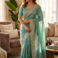 Stunning Aqua Blue Soft NC Vichitra Saree Embroidery Work for Wedding