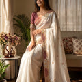Elegant Off White Soft Crunchy Silk Saree Embroidery Work for Wedding