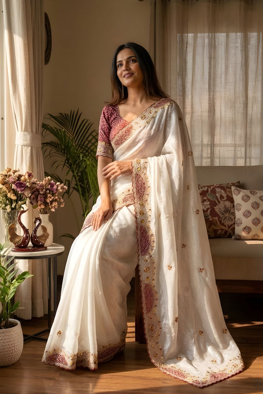 Elegant Off White Soft Crunchy Silk Saree Embroidery Work for Wedding