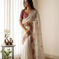 Elegant Off White Soft Crunchy Silk Saree Embroidery Work for Wedding