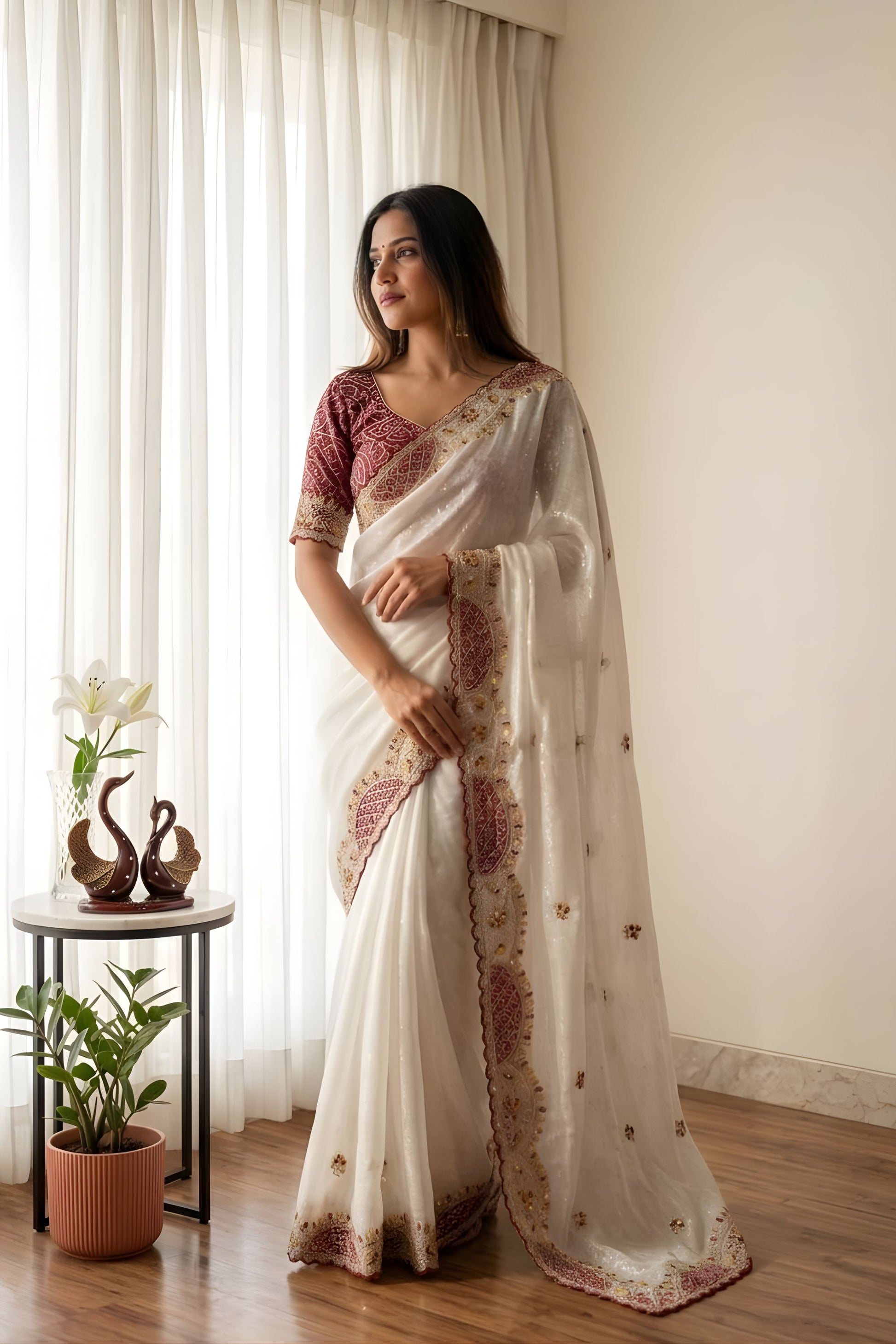 Elegant Off White Soft Crunchy Silk Saree Embroidery Work for Wedding