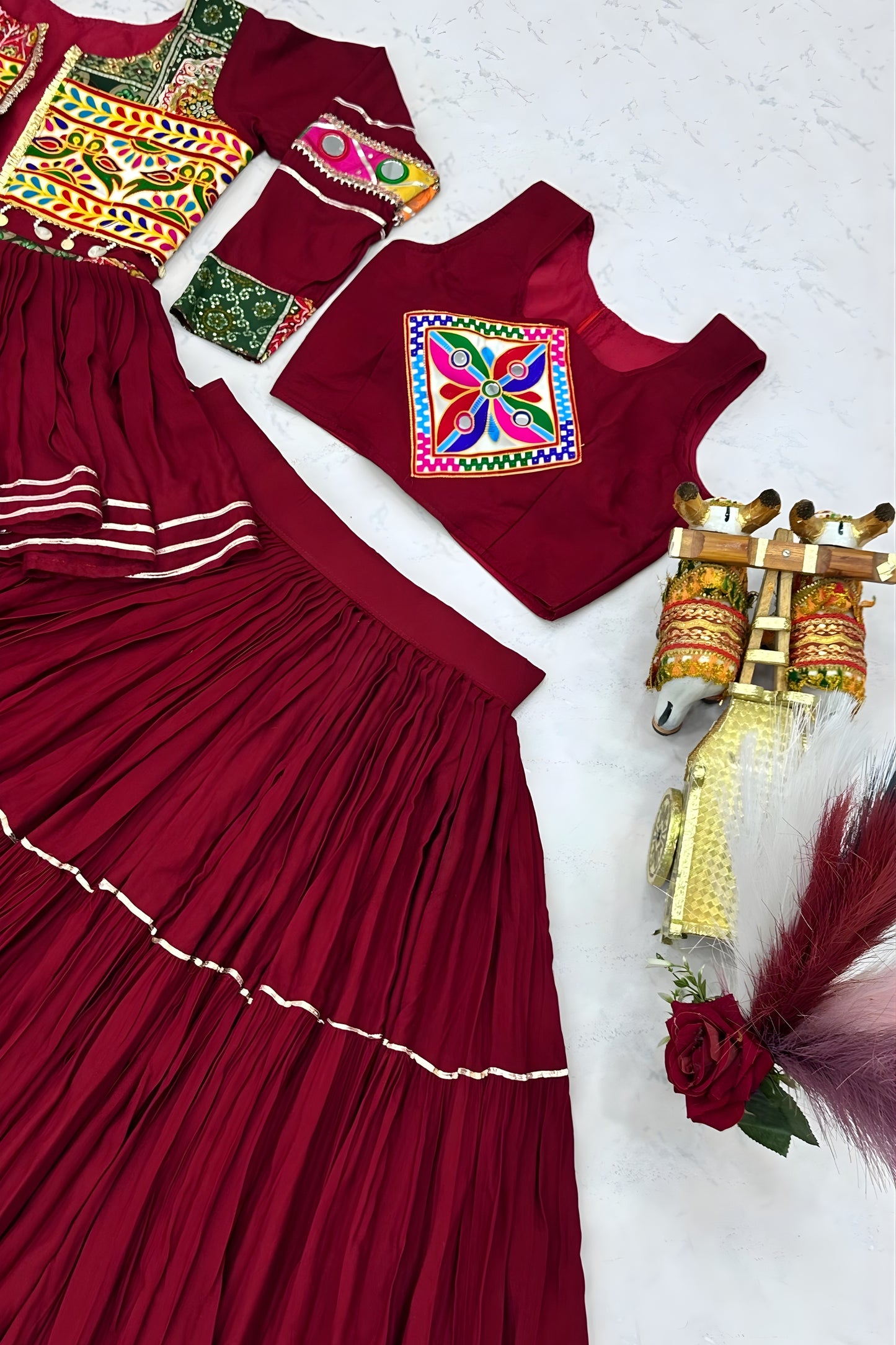 Traditional Maroon Cotton Navratri Chaniya Choli with Kutchi Mirror Work Jacket for Women