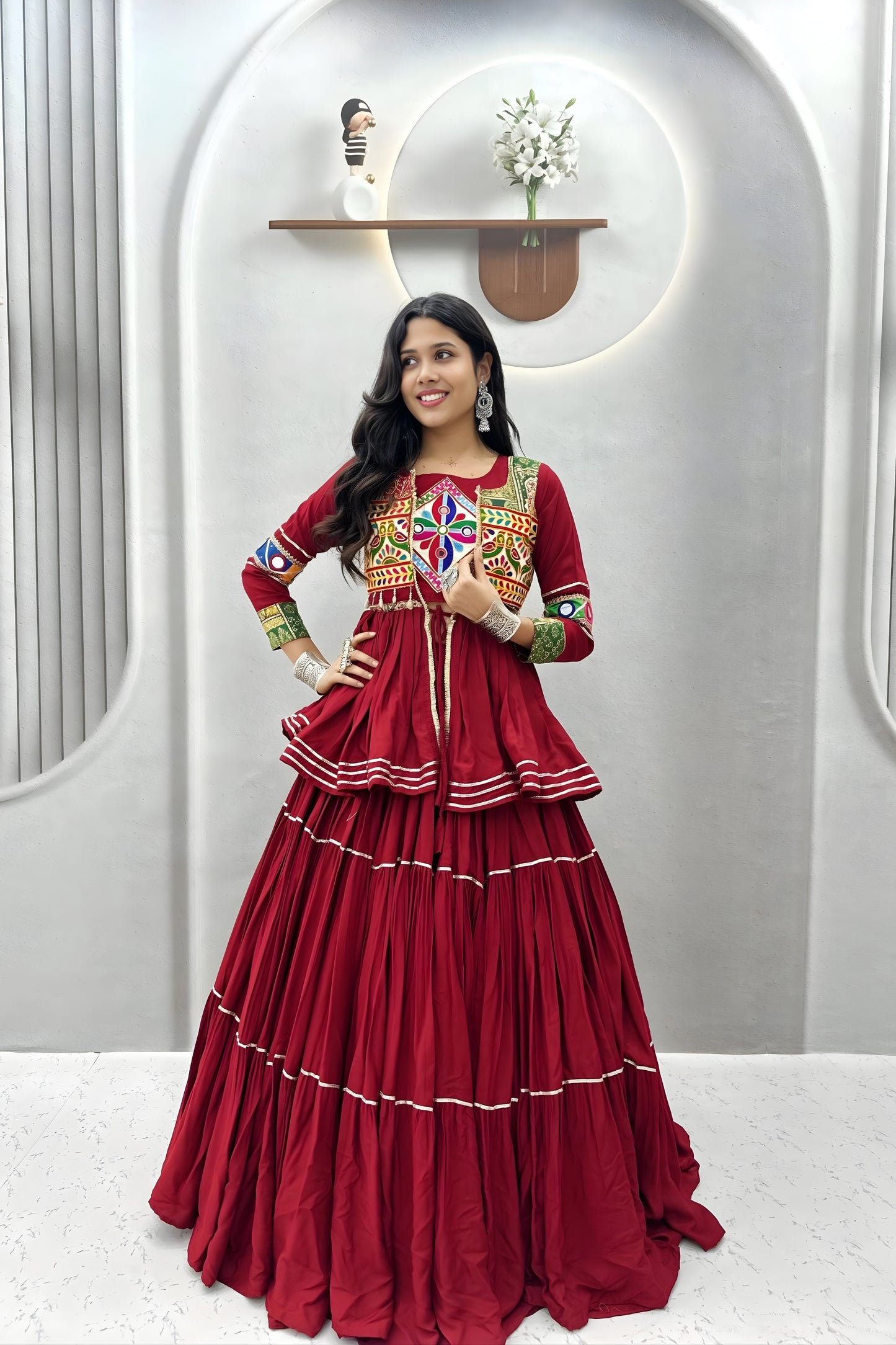 Traditional Maroon Cotton Navratri Chaniya Choli with Kutchi Mirror Work Jacket for Women