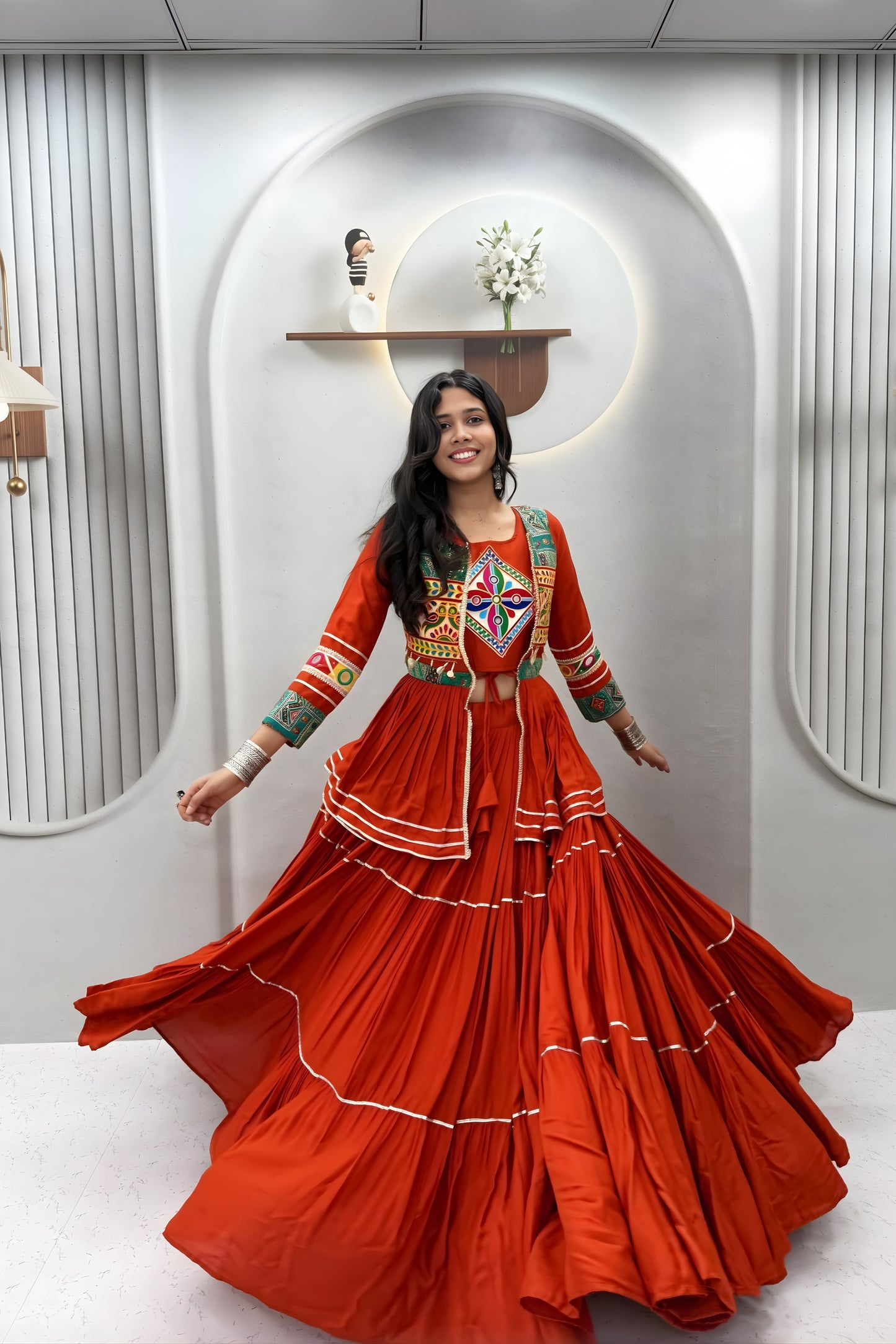 Stylish Rust Orange Cotton Navratri Chaniya Choli with Kutchi Mirror Work Jacket for Women