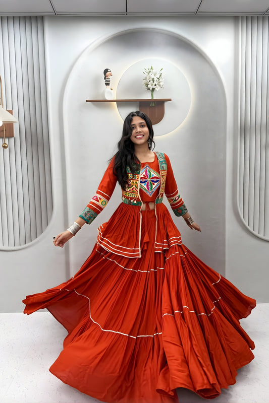 Stylish Rust Orange Cotton Navratri Chaniya Choli with Kutchi Mirror Work Jacket for Women