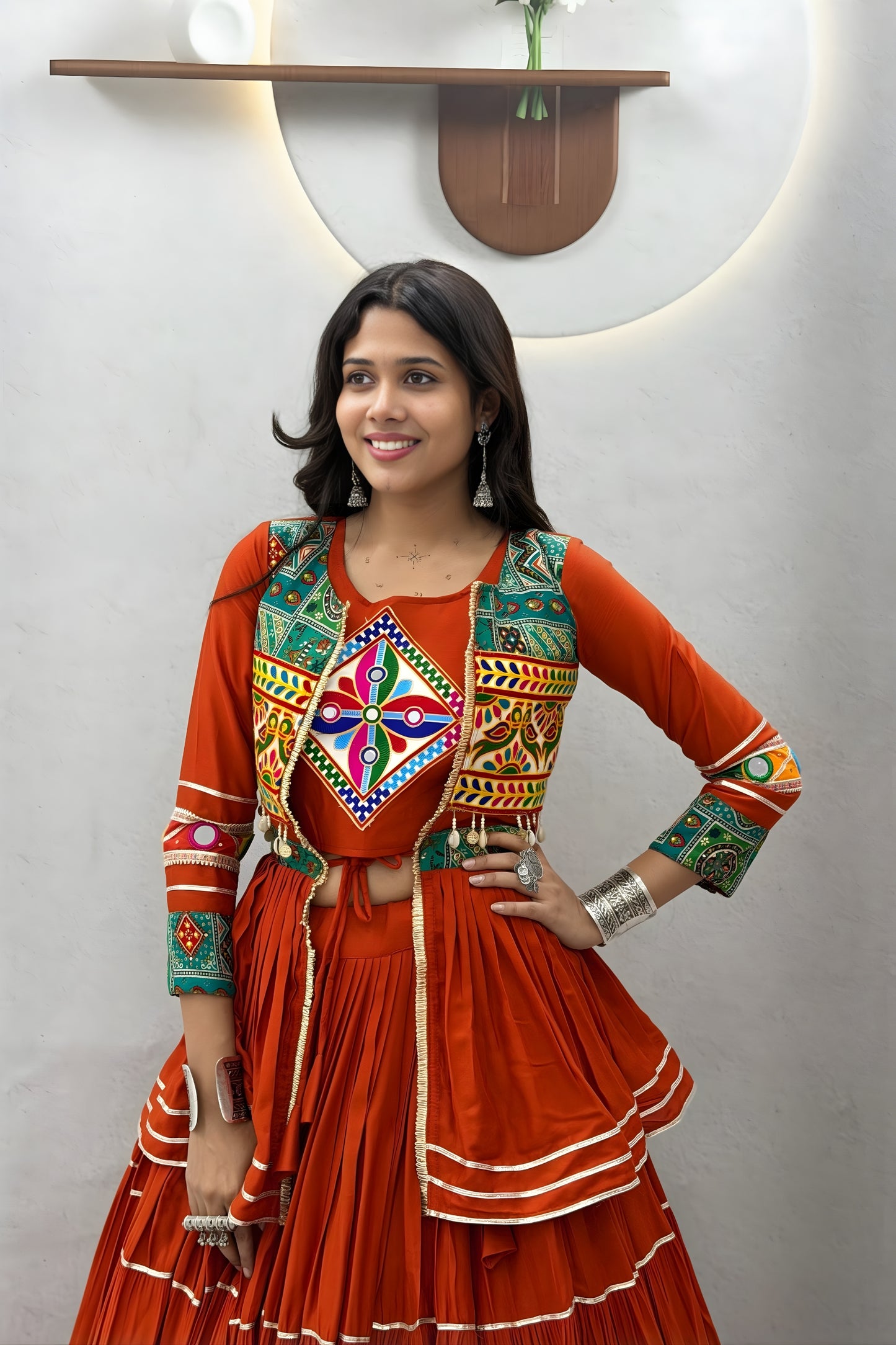 Stylish Rust Orange Cotton Navratri Chaniya Choli with Kutchi Mirror Work Jacket for Women