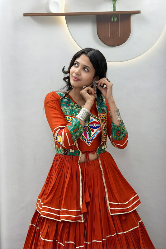 Stylish Rust Orange Cotton Navratri Chaniya Choli with Kutchi Mirror Work Jacket for Women