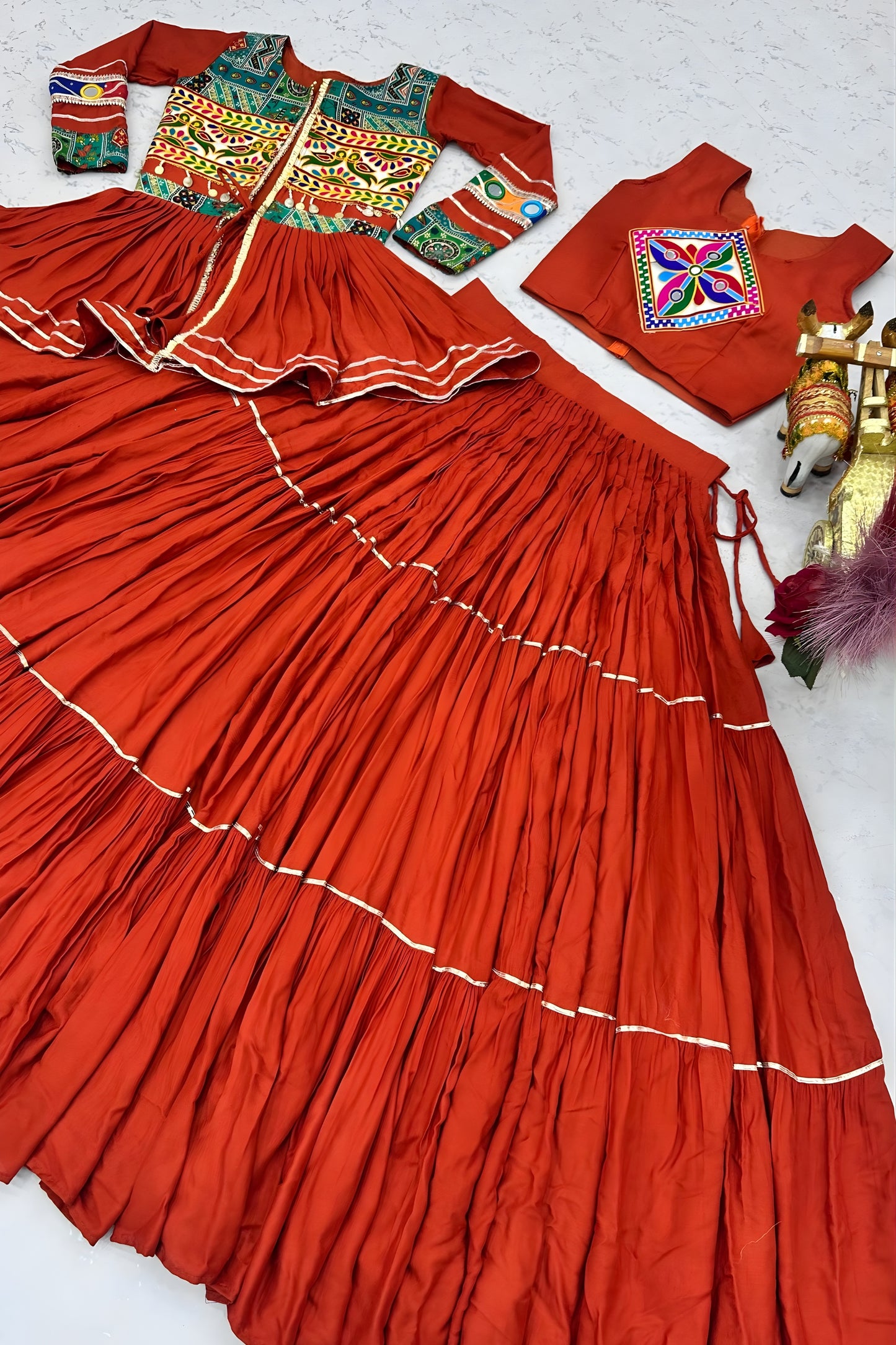 Stylish Rust Orange Cotton Navratri Chaniya Choli with Kutchi Mirror Work Jacket for Women