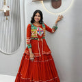 Stylish Rust Orange Cotton Navratri Chaniya Choli with Kutchi Mirror Work Jacket for Women
