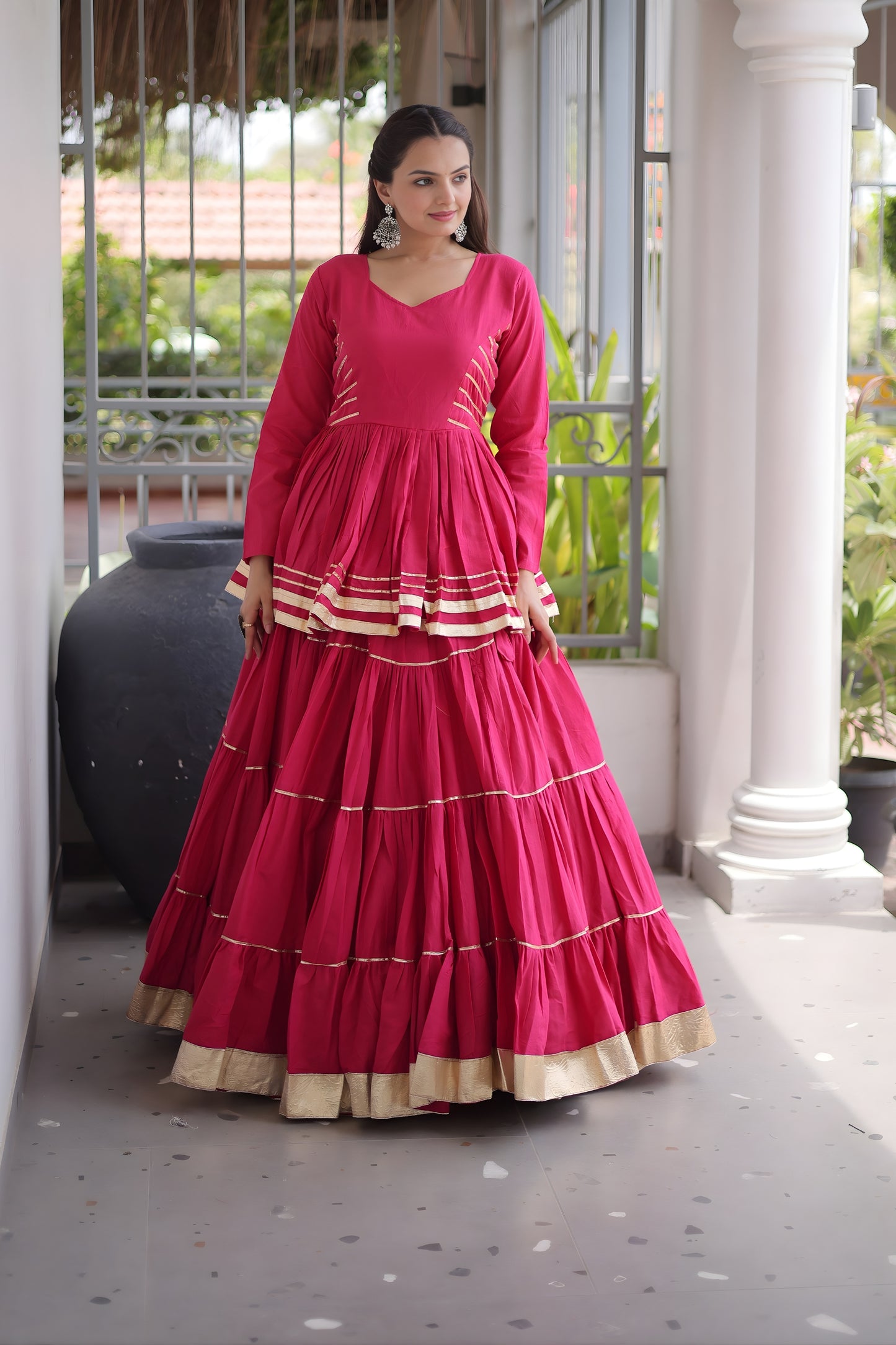 Elegant Rani Pink Cotton Designer Lehenga Choli with Layered Flared Skirt for Navratri
