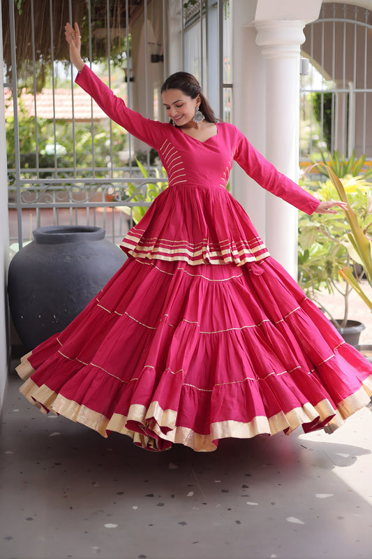 Elegant Rani Pink Cotton Designer Lehenga Choli with Layered Flared Skirt for Navratri