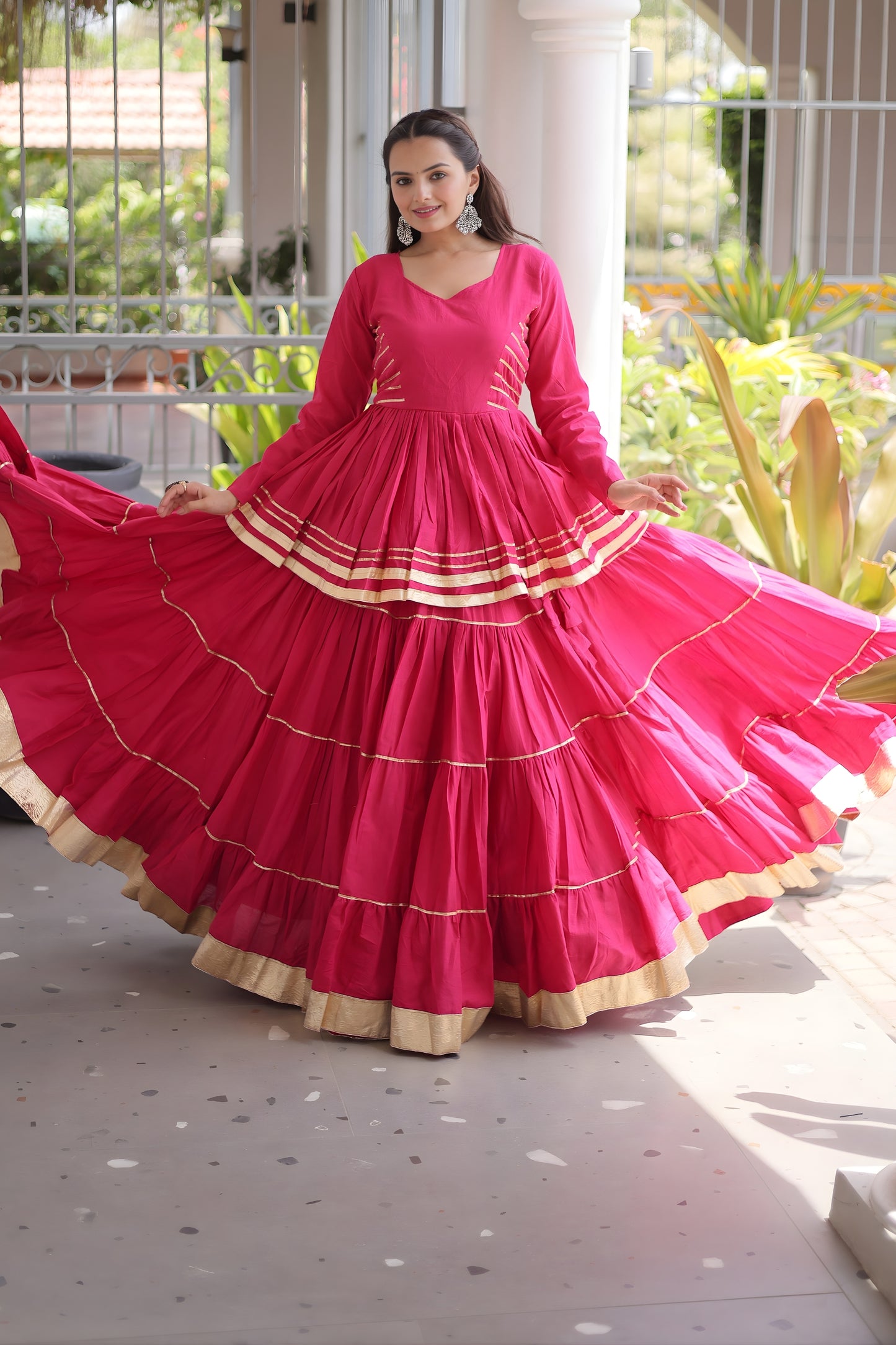 Elegant Rani Pink Cotton Designer Lehenga Choli with Layered Flared Skirt for Navratri
