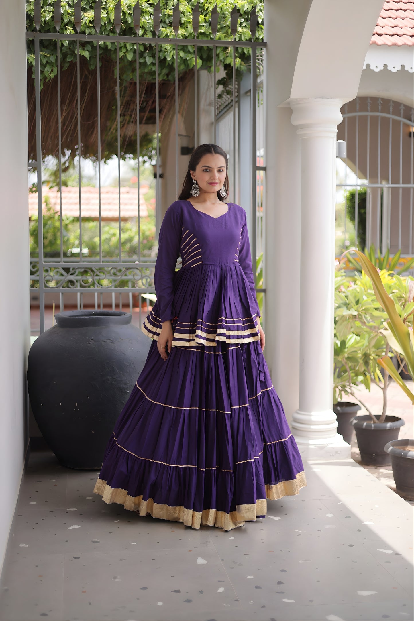 Stylish Purple Cotton Designer Lehenga Choli with Layered Flared Skirt for Navratri