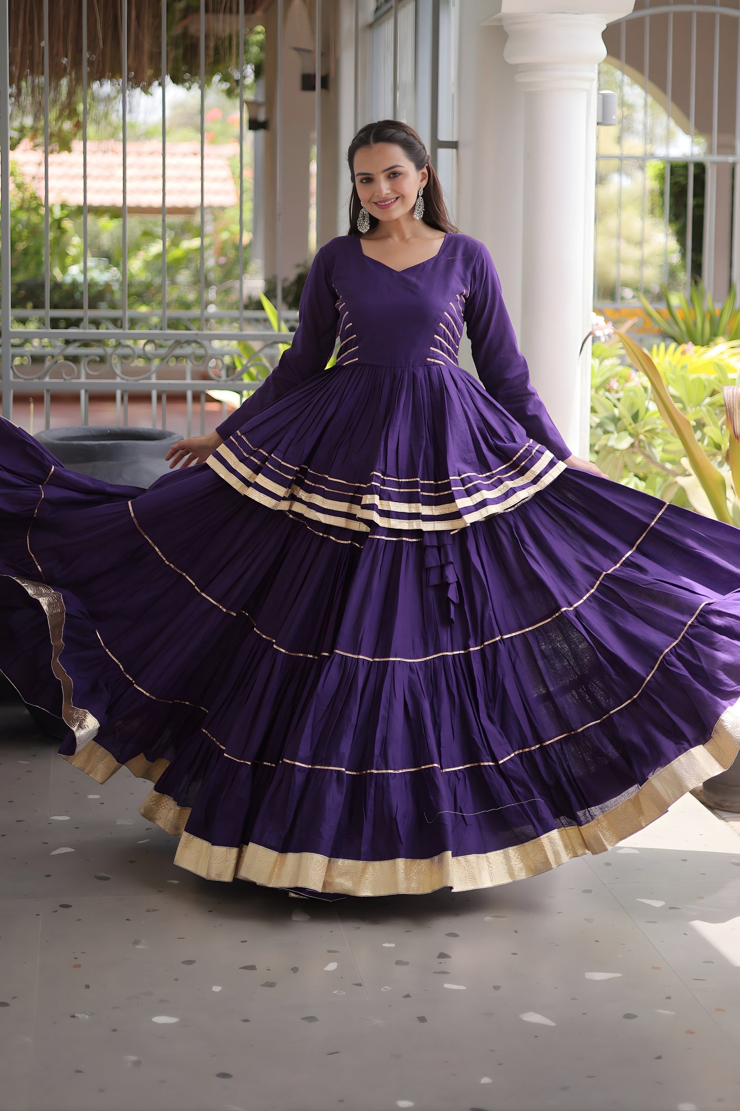 Stylish Purple Cotton Designer Lehenga Choli with Layered Flared Skirt for Navratri