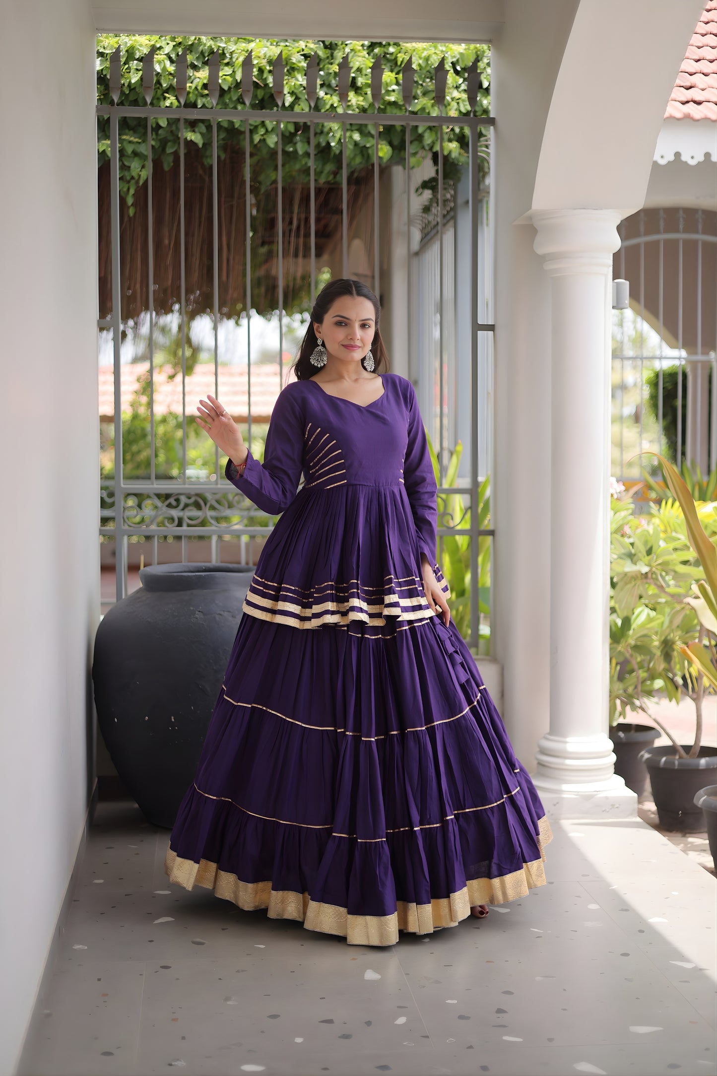 Stylish Purple Cotton Designer Lehenga Choli with Layered Flared Skirt for Navratri